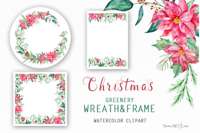 Christmas Greenery Watercolor Wreath Clipart