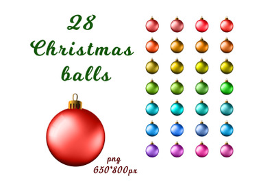et of 28 Christmas balls in different colors. Shiny holiday balls