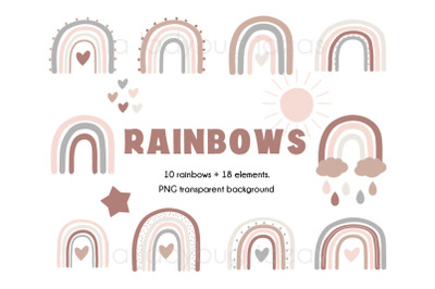 Rainbows in neutral colors clip art collection.
