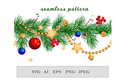 Christmas &nbsp;seamless pattern with &nbsp;fir branches and golden garland