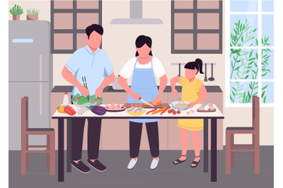 Family cooking together flat color vector illustration