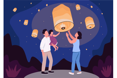 Sky lantern festival flat color vector illustration