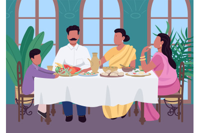 Indian family meal flat color vector illustration