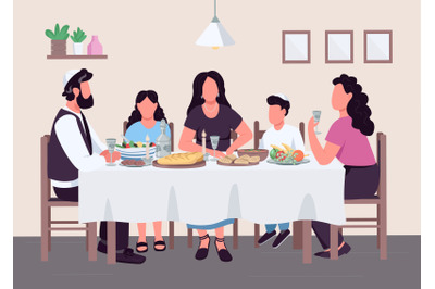 Jewish family meal flat color vector illustration