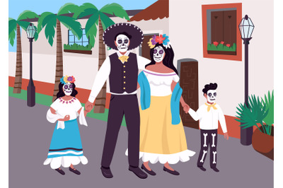 Mexican family at carnival flat color vector illustration