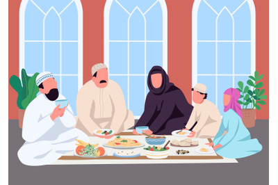 Muslim family eat together flat color vector illustration