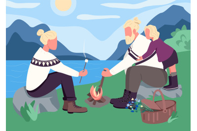 Nordic family picnic flat color vector illustration