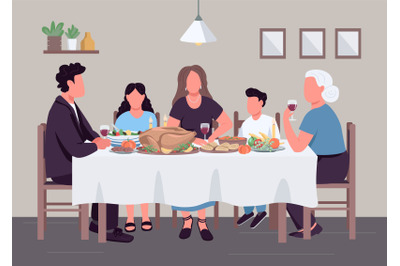 Caucasian family dinner flat color vector illustration