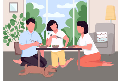 Asian family dinner flat color vector illustration
