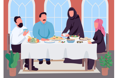 Muslim family dinner flat color vector illustration