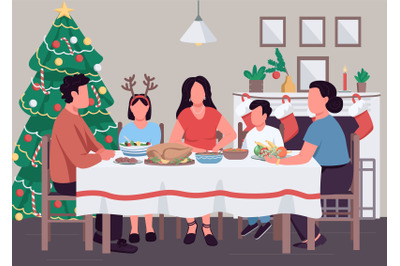 Christmas family dinner flat color vector illustration