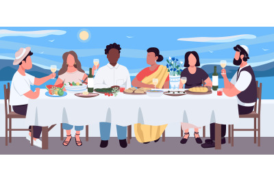 Multicultural dinner flat color vector illustration