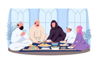 Muslim traditional dinner 2D vector web banner&2C; poster