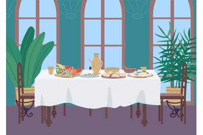Indian dinner at home flat color vector illustration