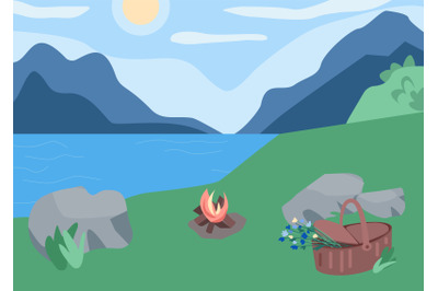 Picnic in mountains flat color vector illustration
