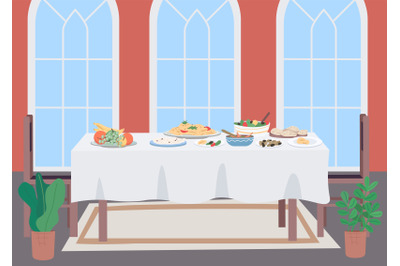 Luxury dinner table flat color vector illustration