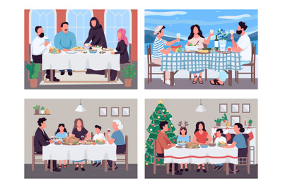Traditional family dinners flat color vector illustration set