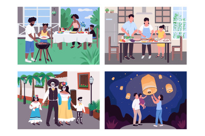 Worldwide culture flat color vector illustration set