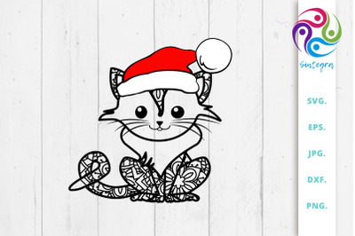 Zen Tangle Cat With Christmas Hat Svg File