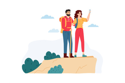 Young woman and man hiking in mountains. Couple having summer trip on