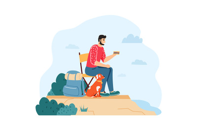 Man with dog hiking and having summer trip. Guy sitting on chair and e