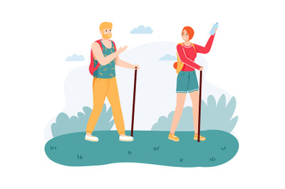 Couple hiking on nature with walking sticks. Man and woman with equipm