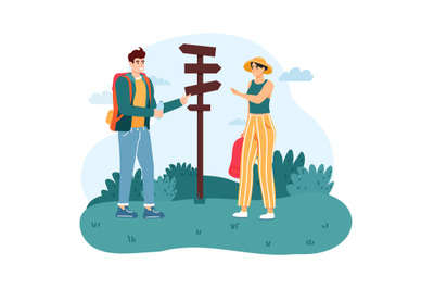 Woman and man hiker standing near direction sign. Guy and girl with ba