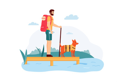 Young man with dog having summer adventure trip. Guy with backpack and