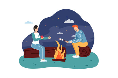 Couple sitting at campfire, drinking hot tea and roasting marshmallow