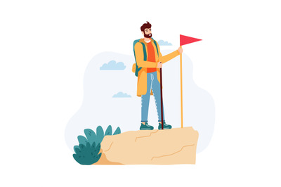 Man having journey on nature standing on cliff near red flag. Bearded