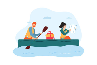 Woman and man traveling on boat. Guy holding paddle and rowing, girl l