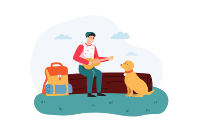 Boy sitting on log and playing guitar, dog sitting near hiker. Guy hav