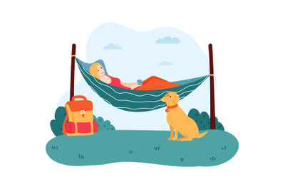 Woman lying in hammock, pet sitting near female character. Girl having