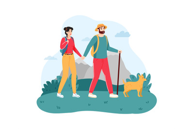 Couple traveling with dog. Young man and woman hiking or trekking on n