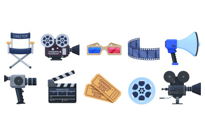 Cinema symbols. Movie theatre or cinematography clapperboard, camera a