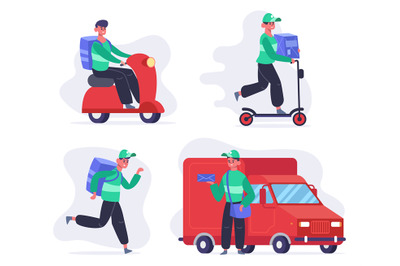 Delivery service characters. Courier or postal employee on van and kic