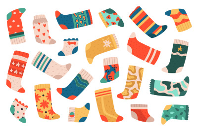 Kids socks. Cute colorful cotton socks, textile dotted and striped tre