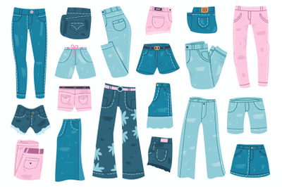 Jeans clothes. Denim trousers, shorts and skirt, blue jeans unisex app