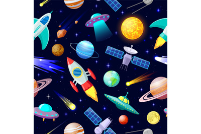 Cartoon space pattern. Astronomical planets and spacecraft ship, astro