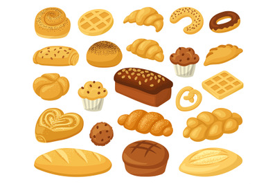 Cartoon bakery food. Pastry products, bread loaf, french baguette, and