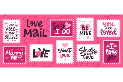 Love mail stamp. Hand drawn love romantic lettering for valentines day