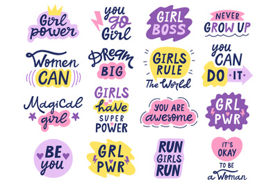 Girl power letterings. Motivational feminist quotes, hand drawn inspir