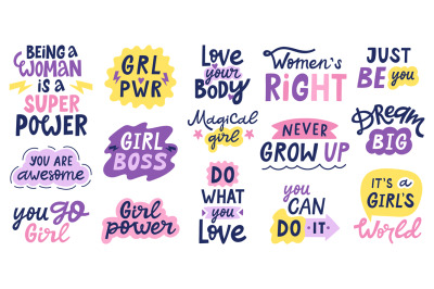 Women feminist quotes. Female motivational slogan, body positive and i