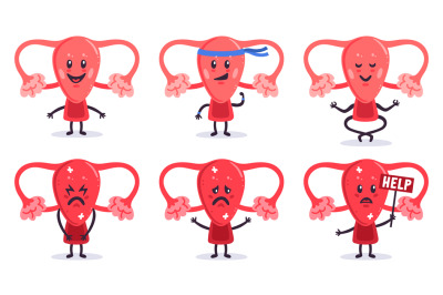 Cute uterus characters. Healthy and sick women uterus organ mascots. F