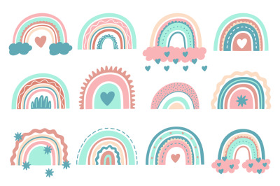 Cute rainbows. Doodle nursery rainbow with clouds&2C; childish scandinavi