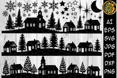 Christmas Scene SVG Silhouette Design Clipart Set Decor Ornaments