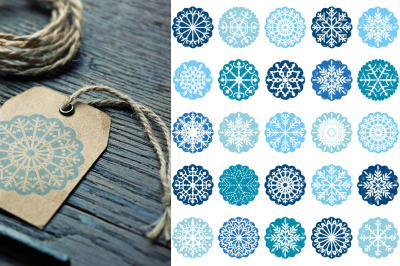 Snowflakes ornaments clipart, Snowflake design clip art set, Christmas clipart, Blue round scalloped circles