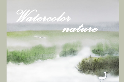 watercolor nature and landscape. Summer and bird