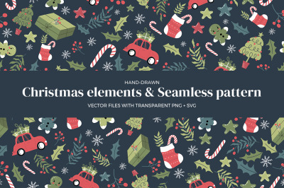 Christmas elements &amp; seamless pattern background