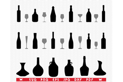 SVG Glasses and Bottles, Black silhouette, Digital clipart